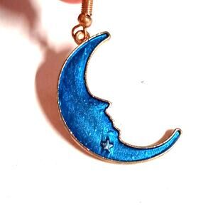 Handmade Midnight Blue "Man in the Moon" Resin Dangle Earrings- Glittery 2" Drop